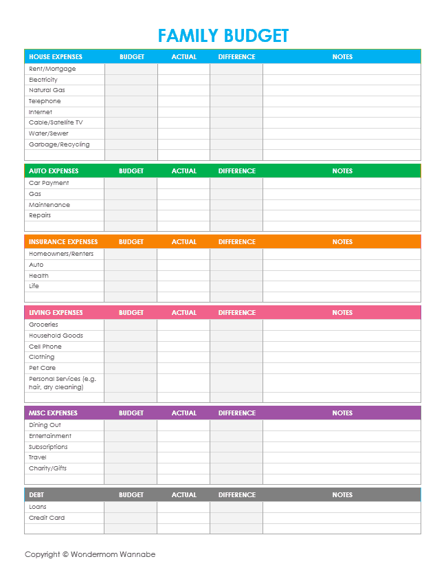 Family budget printable in different colors. 