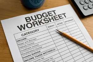 family budget worksheet on a table with a pencil. 