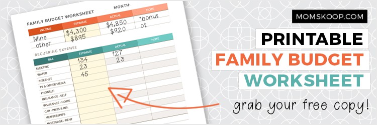 family printable budget worksheet with an arrow pointing to a printable saying grab your free copy! 