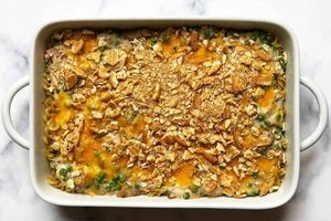 Casserole dish with tuna casserole, baked with crushed crackers on top.