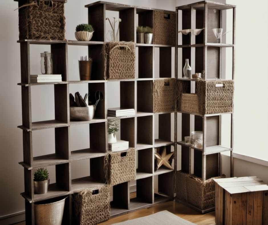 Pallet room divider with shelving. 