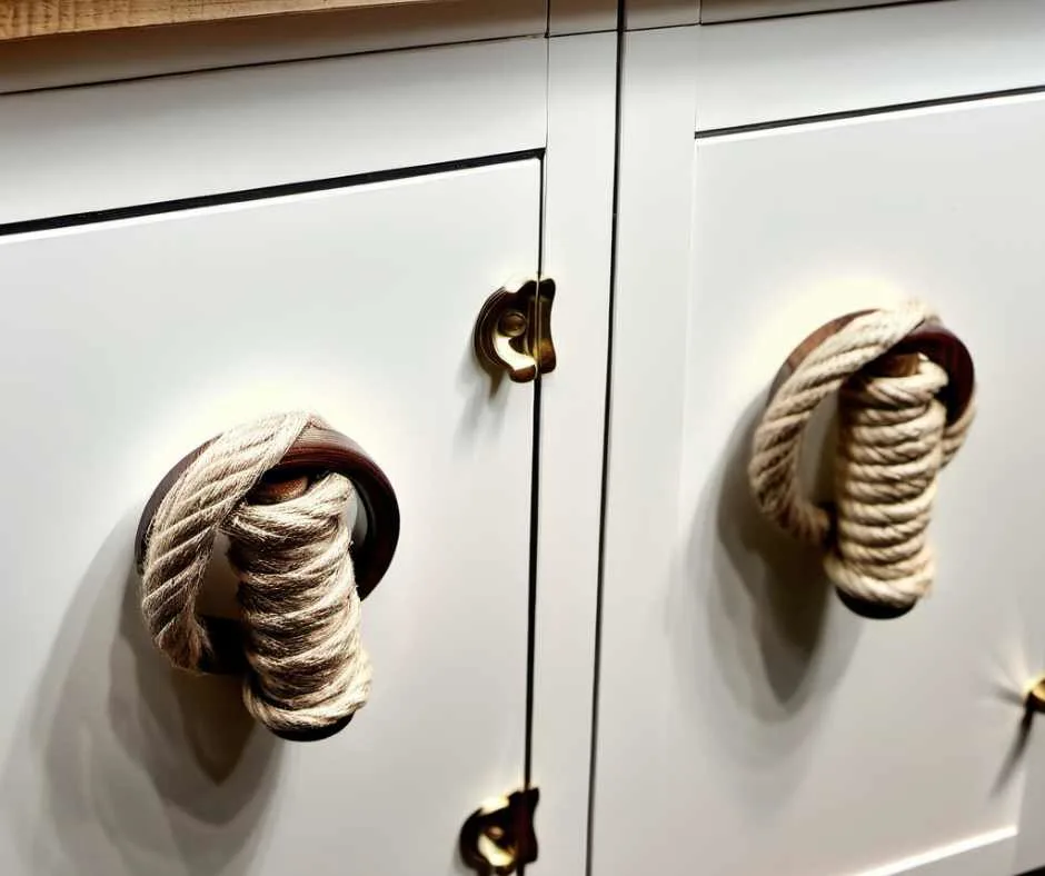 Twine covered kitchen cabinets handles.