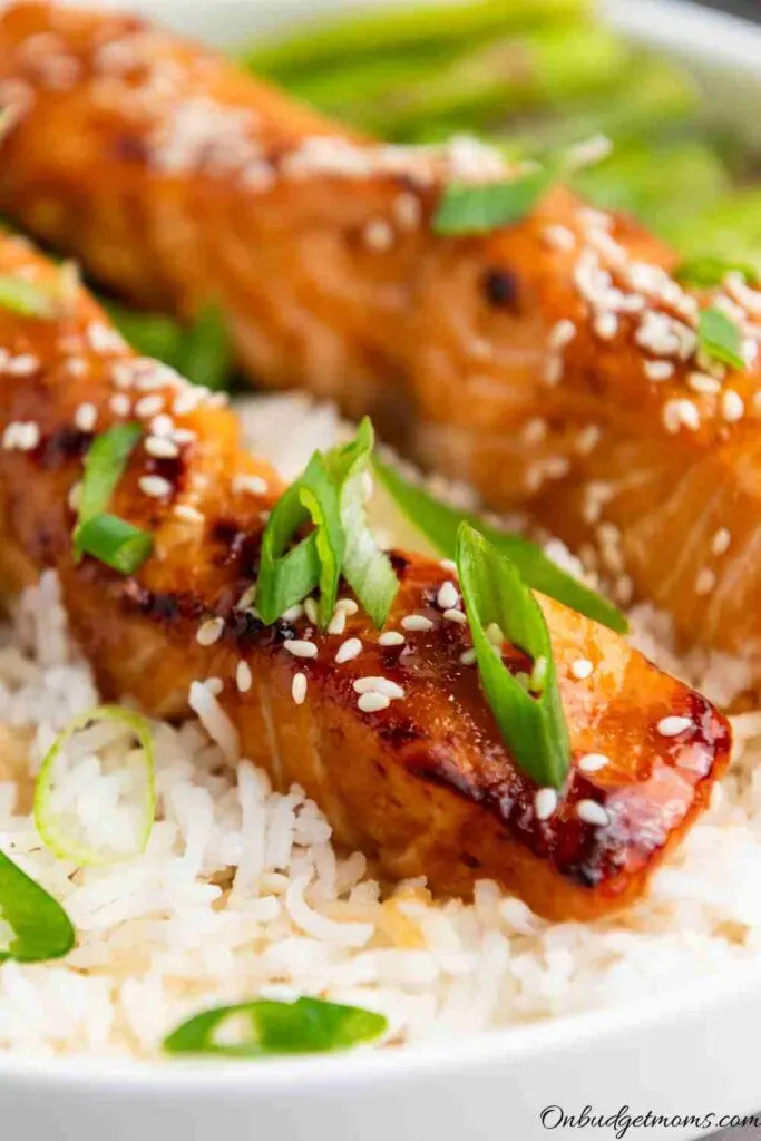 Teriyaki salmon laid out on white rice.