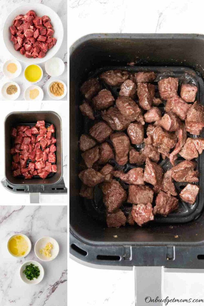 Photos of the process for making steak bites with garlic.