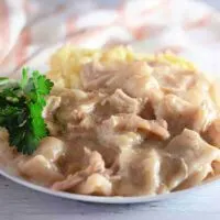 chicken and dumplings on a plate.