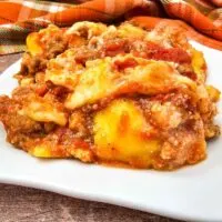 Crockpot lasagna cooked on a plate.