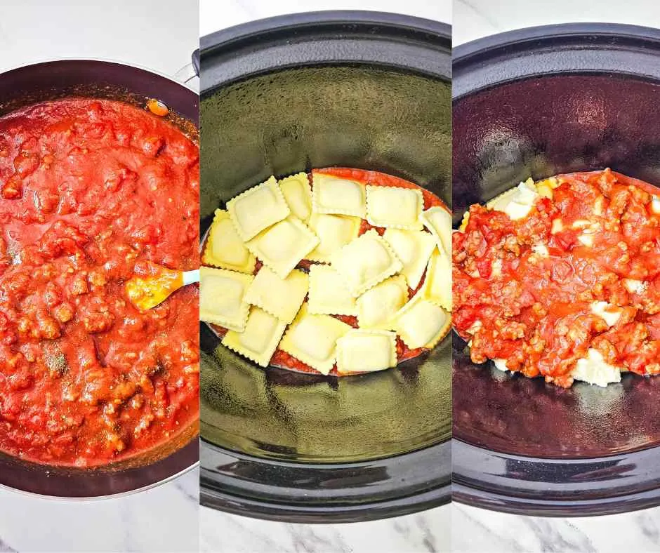 Process photos of lairing the lasagna in crockpot.